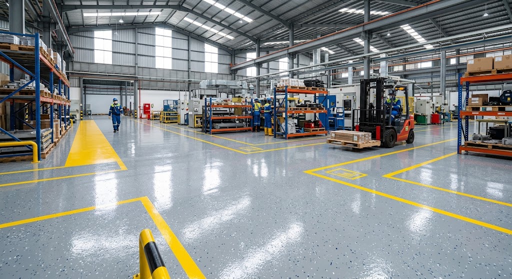 hasil akhir epoxy lantai area pabrik